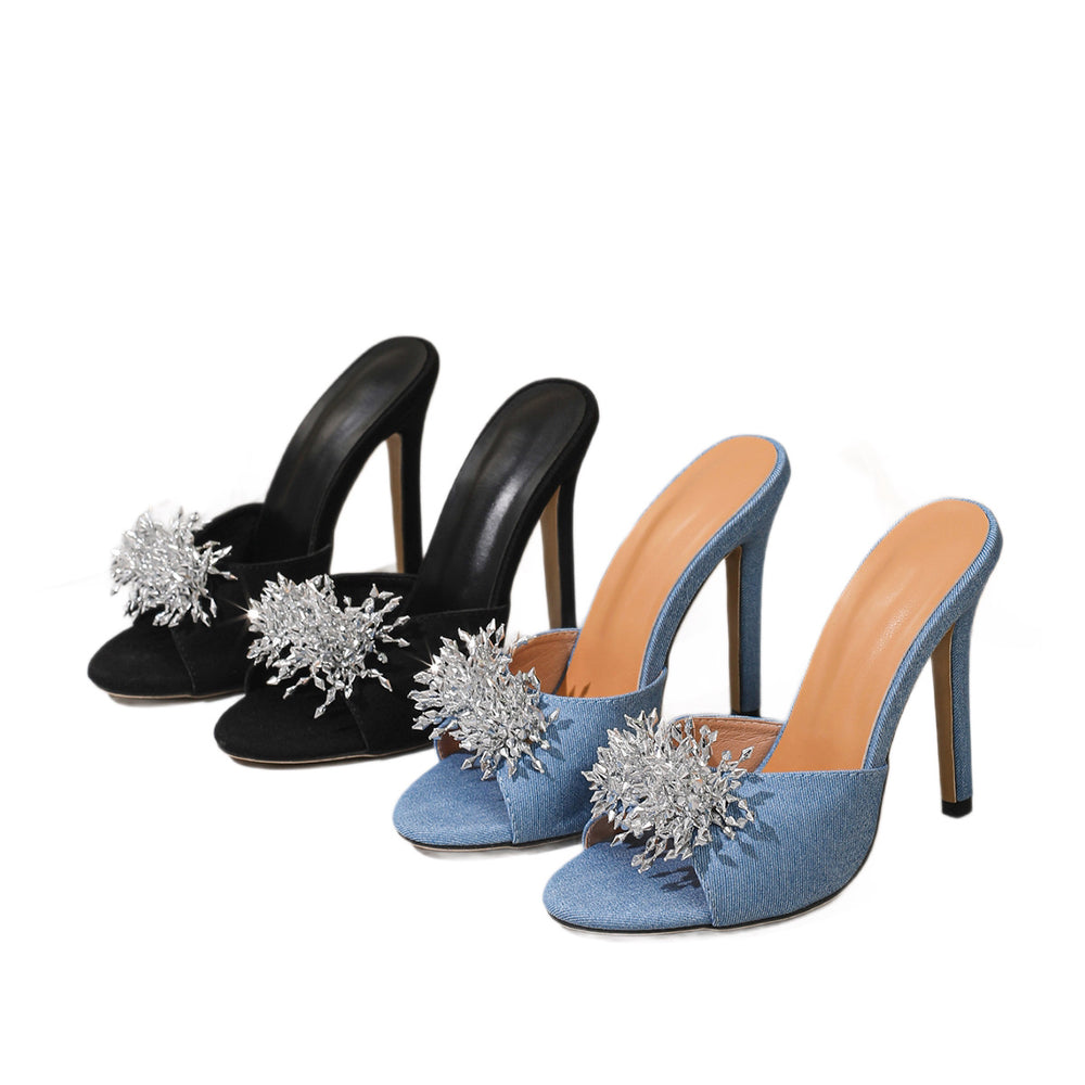 European and american style sexy mature woman rhinestone embellished denim blue-black versatile fashion stiletto open-toe sandals