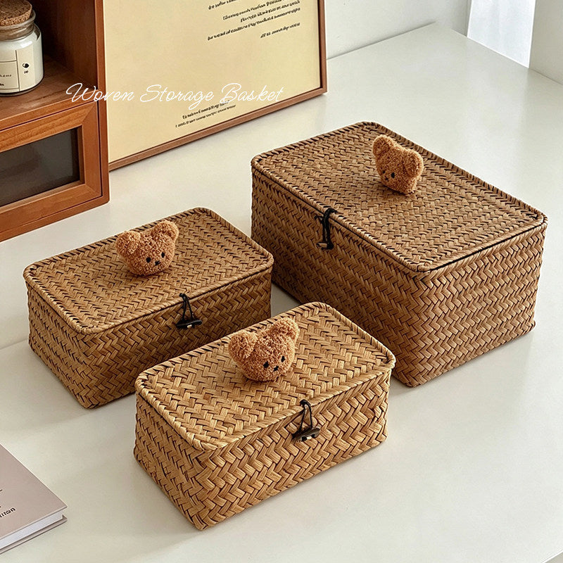 Rattan storage basket desktop storage box cosmetics miscellaneous woven storage basket storage box with lid snack box