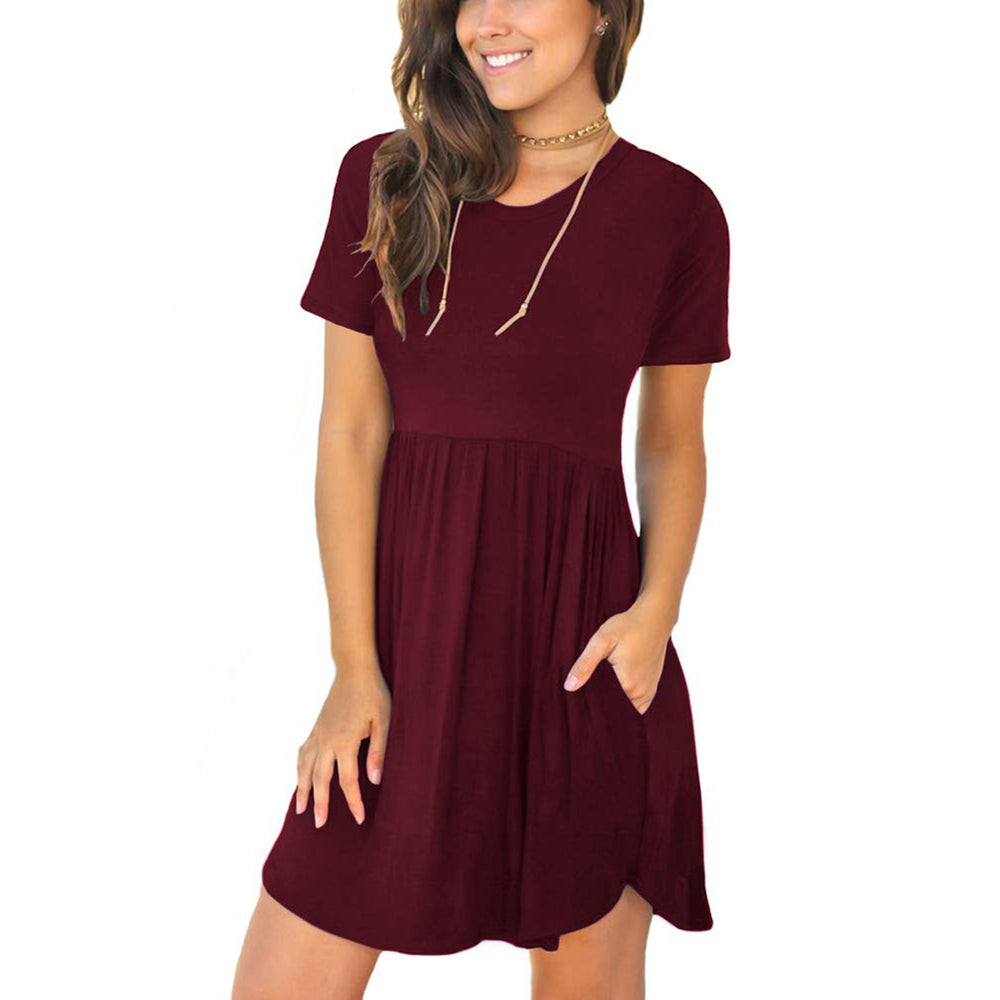 european and american  women's casual crew neck printed pullover short sleeve ruched pocket dress