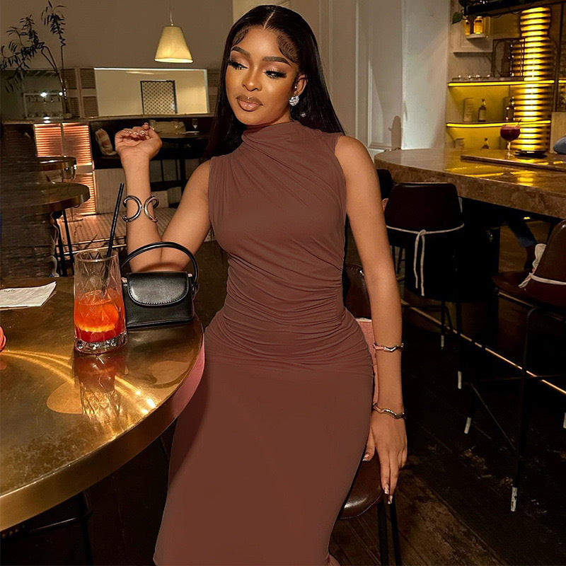 European and american style women's foreign trade dress  new solid color long sleeveless round neck elegant casual pullover dress
