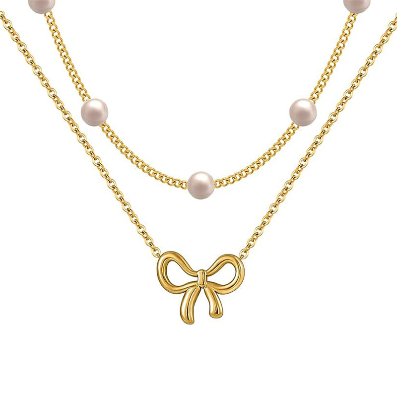 European and american cross-border new multi-layer choker necklace for women, simple and elegant bowknot faux pearl pendant necklace gift
