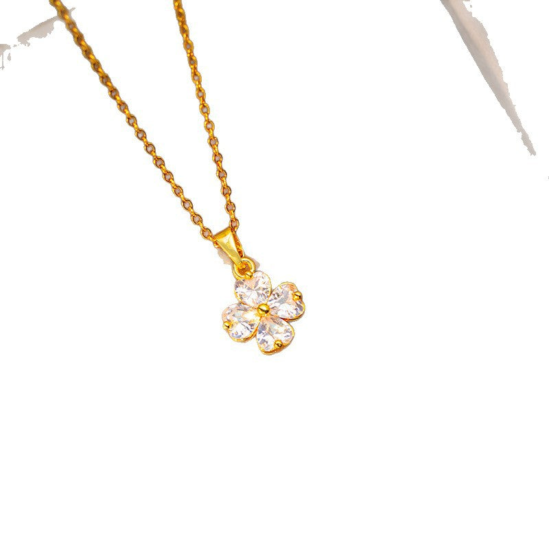 popular zircon-inlaid four-leaf clover necklace accessible luxury niche women's fashion non-fading clavicle chain earrings jewelry set