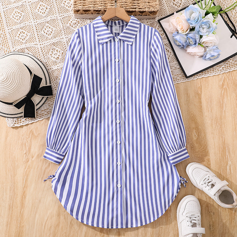 cross-border girls' dress: new spring/autumn casual striped turn-down collar button-down long sleeve side drawstring shirt dress