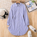 cross-border girls' dress: new spring/autumn casual striped turn-down collar button-down long sleeve side drawstring shirt dress