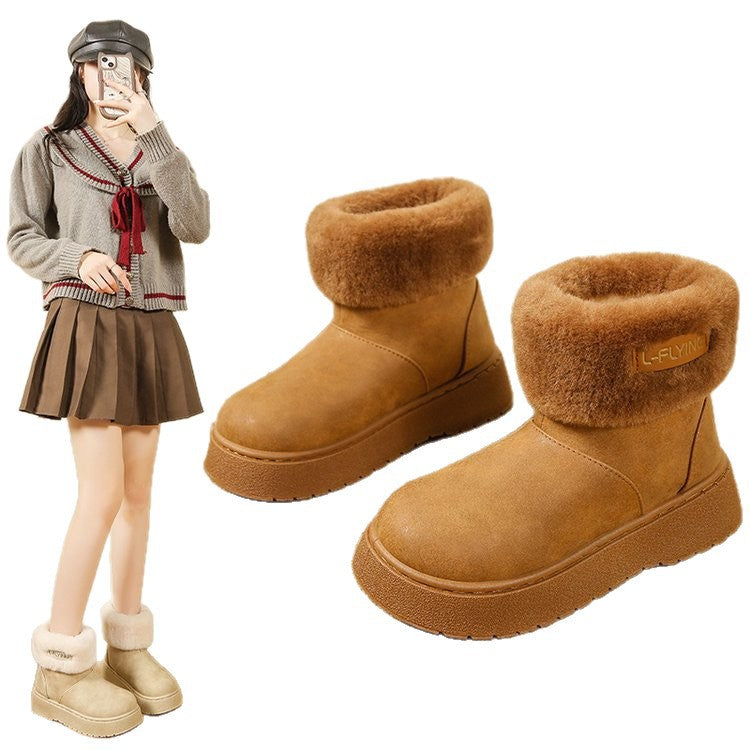 autumn new fleece-lined fluffy trim platform chunky sole snow boots women's korean style round toe warm export plus size women's boots