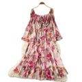 French romantic one-shoulder flared sleeve floral dress - women's summer long sleeve vacation ruffle hem maxi dress