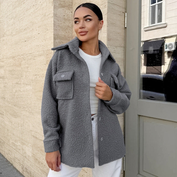 Cross-border autumn and winter new fleece jacket women's high-end classic basic versatile long-sleeved lapel loose cardigan