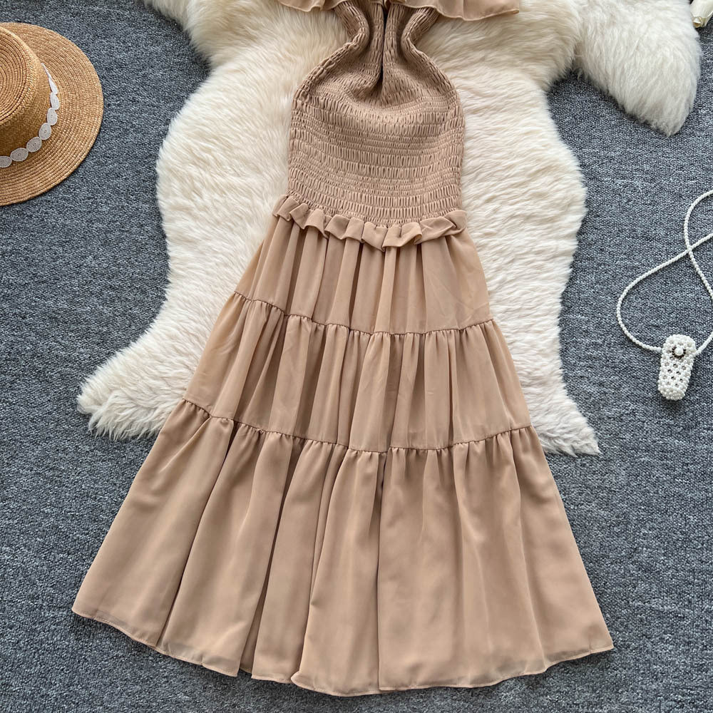 French goddess style one-shoulder ruffle trim spliced dress - slim fit, figure-flattering, elegant vacation maxi dress