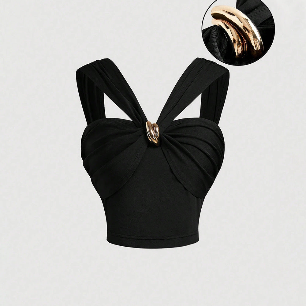 European and american cross-border niche design women's black criss-cross strap metal buckle slim-fit cropped tank top - fashionable and versatile