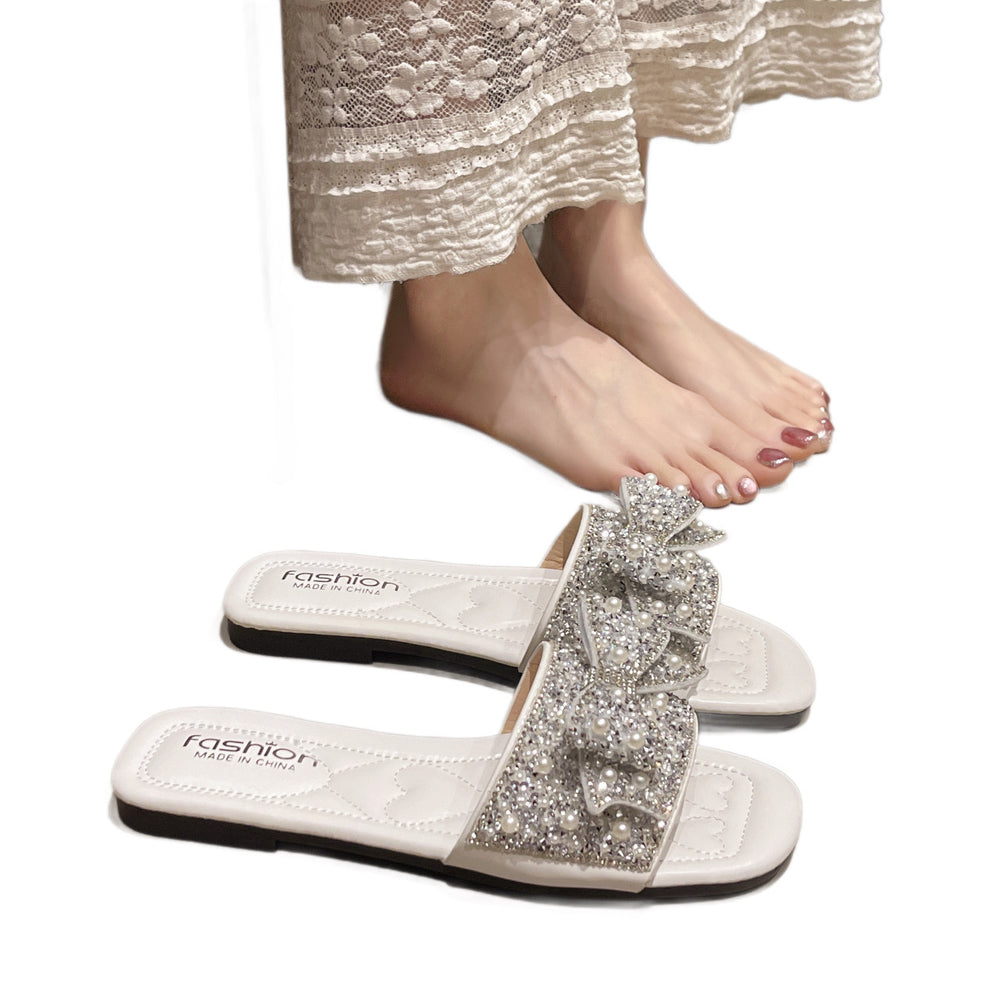 Export  summer new korean style pearl rhinestone flat sandals women's outdoor wear one-strap slippers plus size sandals