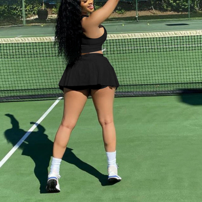 Casual slim-fit sports tank top and skort two-piece set -  european & american fashion, sexy solid color tennis style