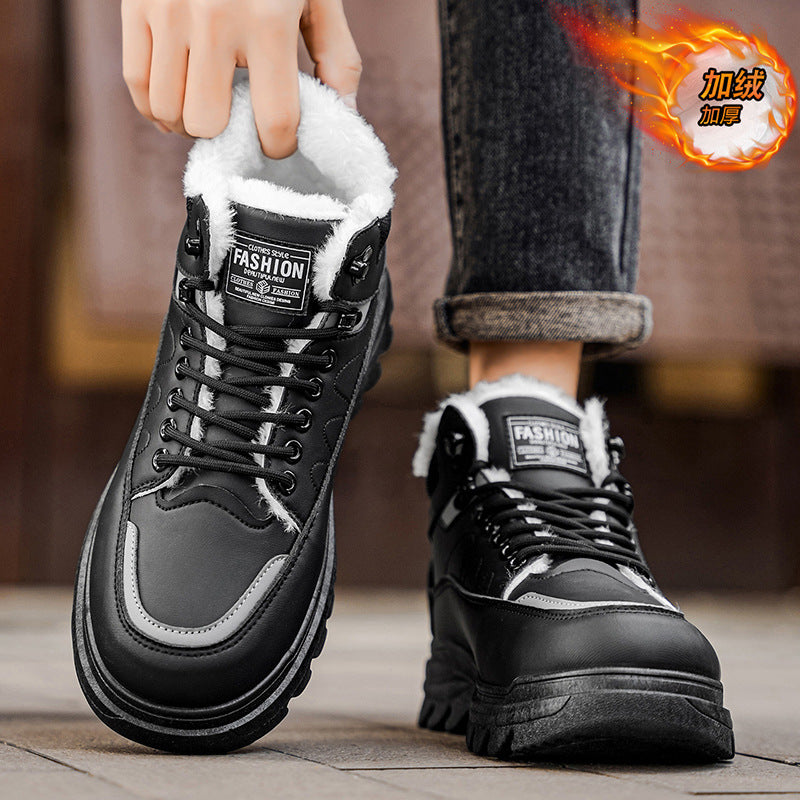 2025 winter men's high-top fleece-lined warm leather shoes, black korean style martin boots, thickened casual cotton shoes, dad shoes