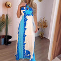 2025 summer new arrival: european and american style halter neck sexy color block fashion vacation beach long printed dress - women's apparel