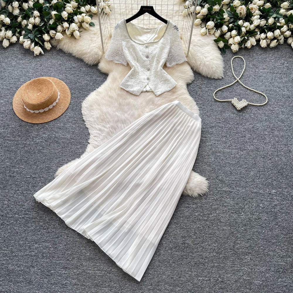 French chic lace v-neck tank top & high-waisted pleated skirt set - elegant & sophisticated summer two-piece