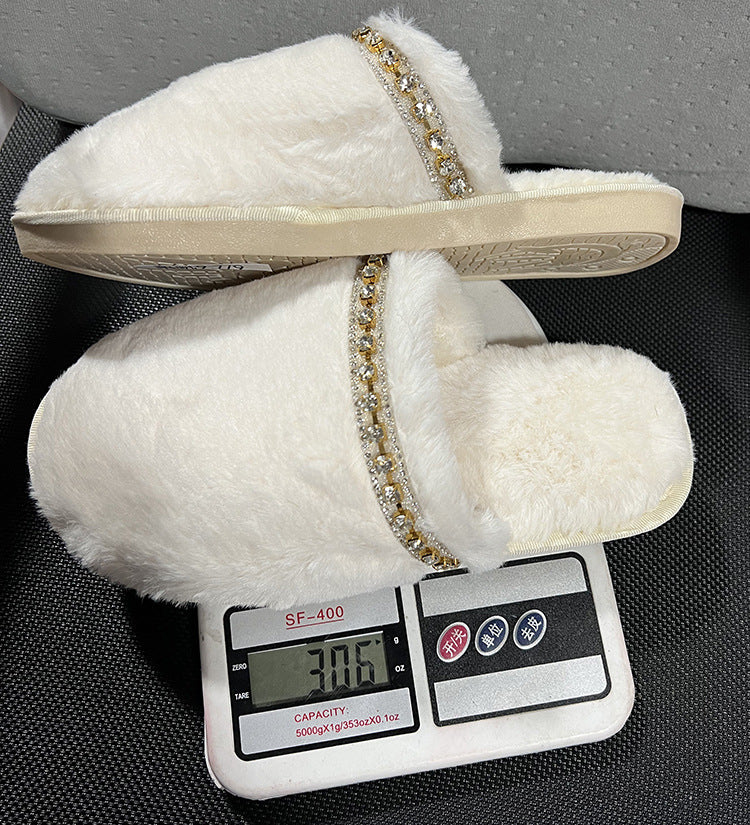 New instrendy baotou diamond strip fur slippers for women, home flatsheattech cotton slippers for women, wholesale cross-border slippers