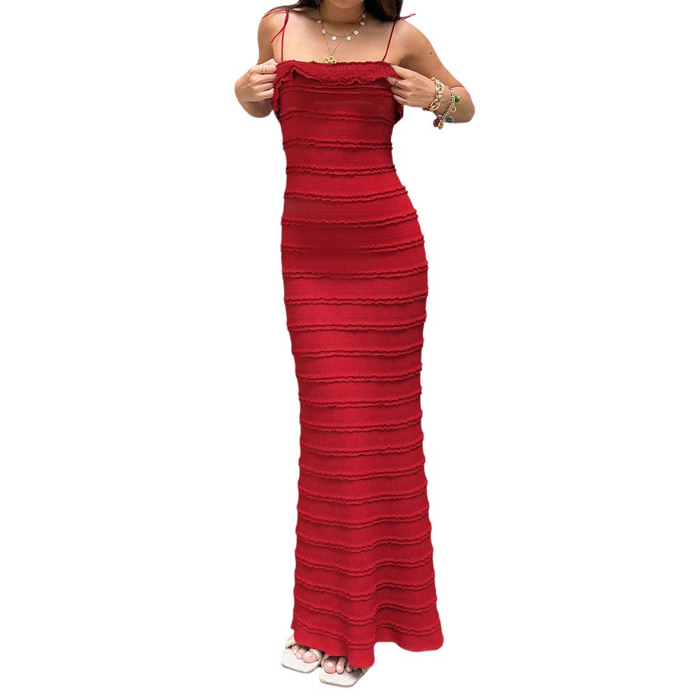 European and american design red ruffle lace sexy camisole dress - new women's slim fit, figure-flattering, unique maxi dress