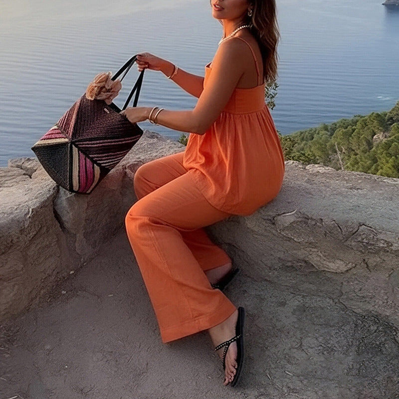 cross-border european and american women's clothing: new summer casual commute solid color camisole top and straight-leg pants fashion set