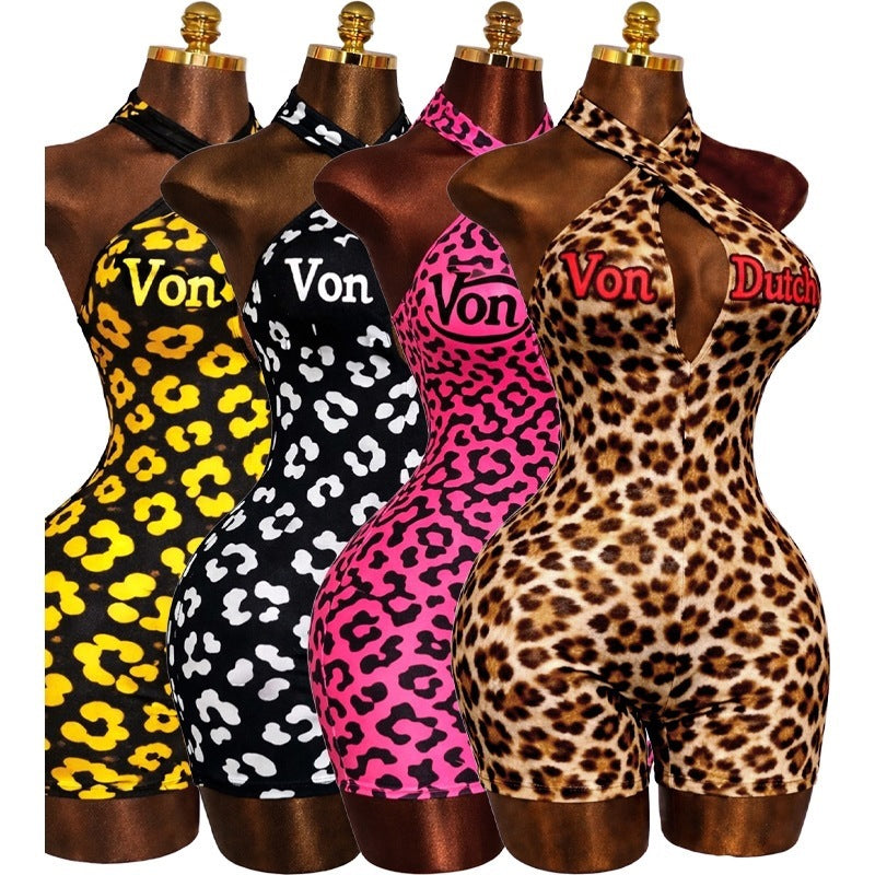 Hr26105 european and american fashion women's criss-cross halter deep v backless romper with letter print