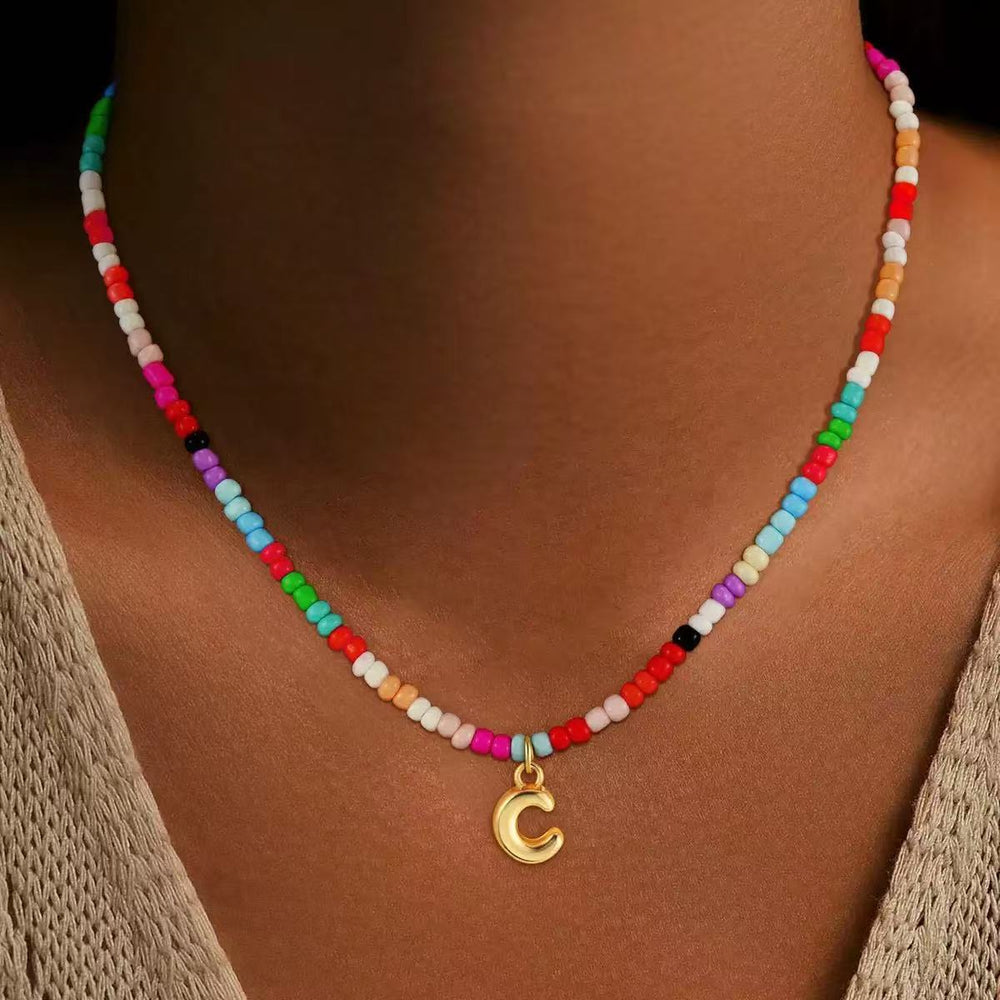 European and american bohemian necklace, colorful seed beads, 18k gold plated stainless steel women's choker, unique fashion jewelry