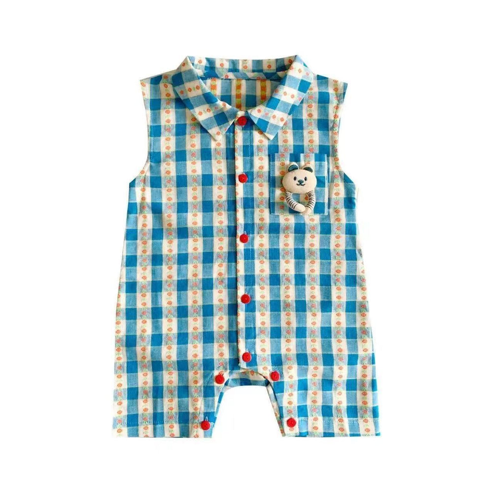 Newborn summer sleeveless casual outing romper, stylish baby lightweight bodysuit with turn-down collar and plaid pattern