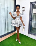 European and american cross-border women's fashion:  summer new arrival - polka dot print, puff sleeve, deep v-neck, ruffle trim, short dress
