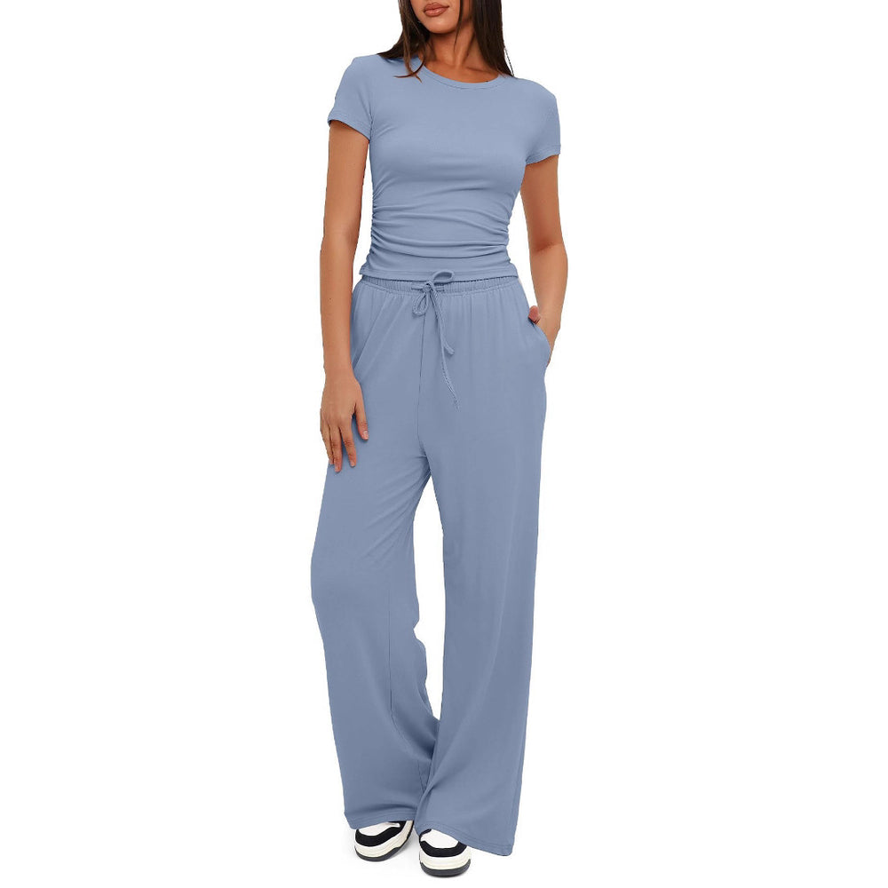 2024 european and american amazon new arrival: solid color casual set - ruched short sleeve top & high-waisted wide leg pants tracksuit