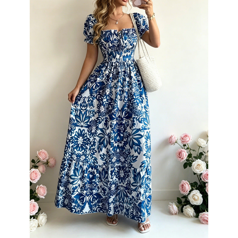 code new arrival  original women's square collar puff sleeves floralsprinting waist a-line skirt