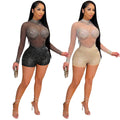 X5165 european and american fashion   sexy round neck long sleeve nightclub party hot diamond see-through jumpsuit