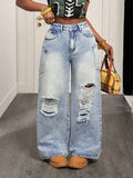 Fashionjeans women's high waist side flap pocket pants big holes raw edge loose pants washed retro hot girl mop pants