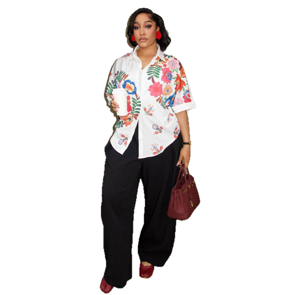 European and american style women's  autumn new collection: sweet and fresh printed turn-down collar short-sleeve blouse