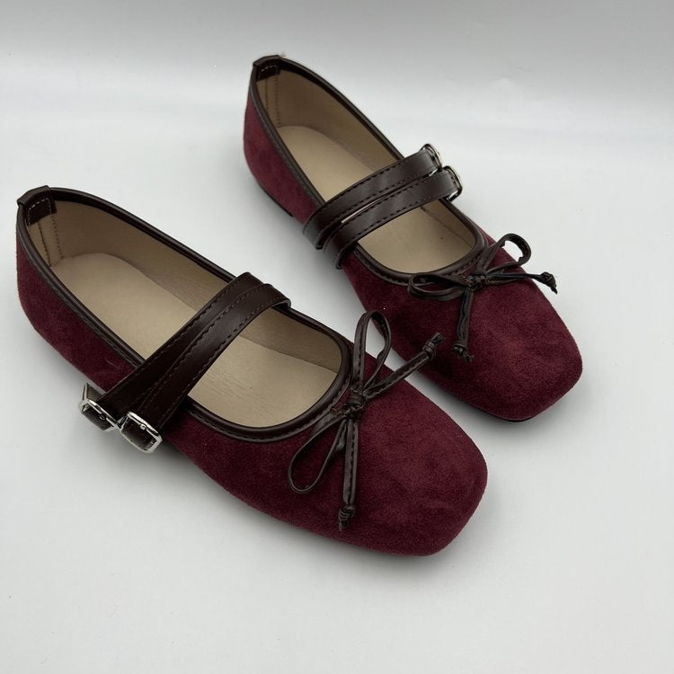 Export autumnew arrival square toe one-piece buckle flat heel shoes cross-border large size bows women's single shoes wholesale