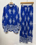 retro style printed lantern sleeve sun protection shirt with turn-down collar and cinched waist + high-waisted slimming wide-leg pants set