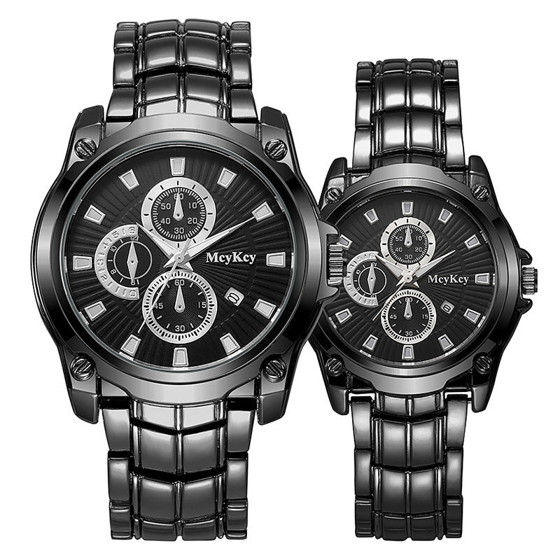 New arrival cross-border alloy couple steel band watch classic business three-eye large dial waterproof quartz watch manufacturer wholesale