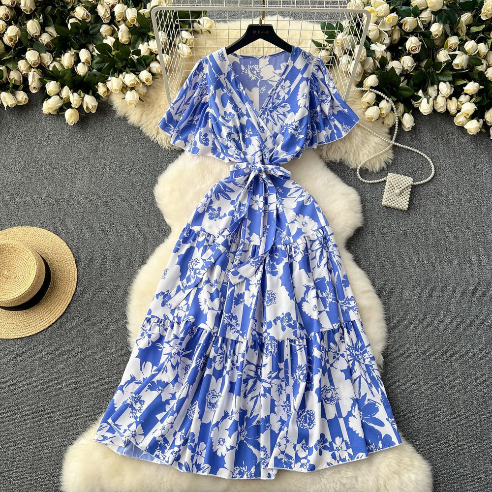 French retro lisianthus dress -  summer new arrival: tie-waist, design-forward, elegant floral chiffon dress
