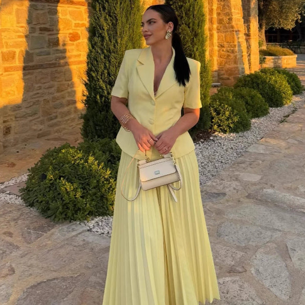 Cross-border European and American women's clothing suit collar solid color cardigan shirt pleated skirt women's  foreign style fashion suit women