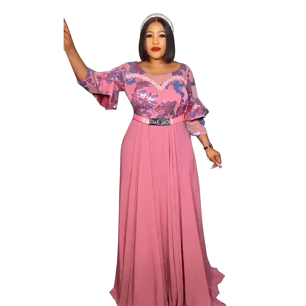 fashionexport africa  plus size hot diamond dress women's new chiffon long skirt with belt