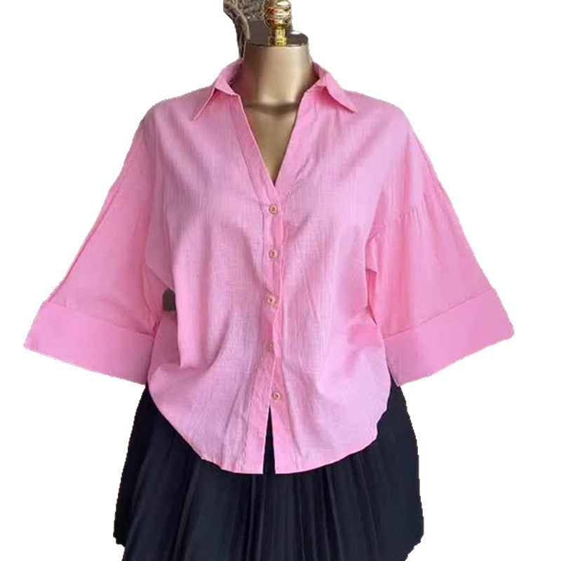 European and american cross-border women's fashion:  autumn new collection - solid color turn-down collar, loose fit, casual cropped mid-sleeve shirt top