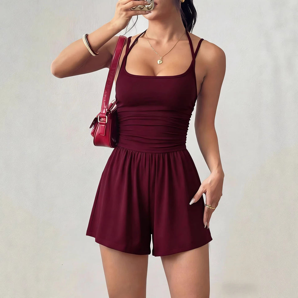 Amazon fashion cross-border  summer new style suspender women's casual chest wrap jumpsuit shorts wide leg loose