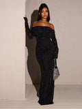 new european and american style women's winter one-shoulder mesh dress with silver thread, waist-cinching, and bodycon design