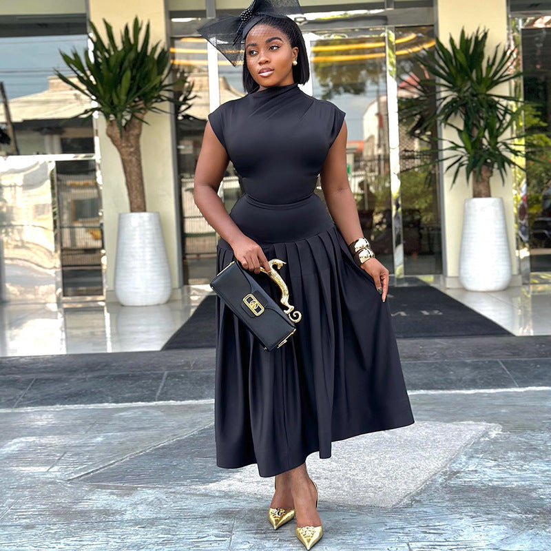 Fashion styleexport women's new arrival supply pure colorfashioneleganttops sleeveless skirt two-piece set trendy dropshipping