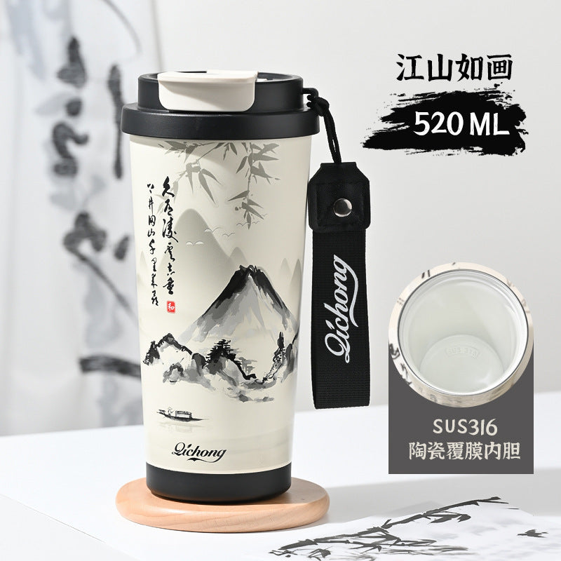 Ink style national trend portable thermos cup chinese style double drinking lid coffee cup 316 stainless steel ceramic liner water cup