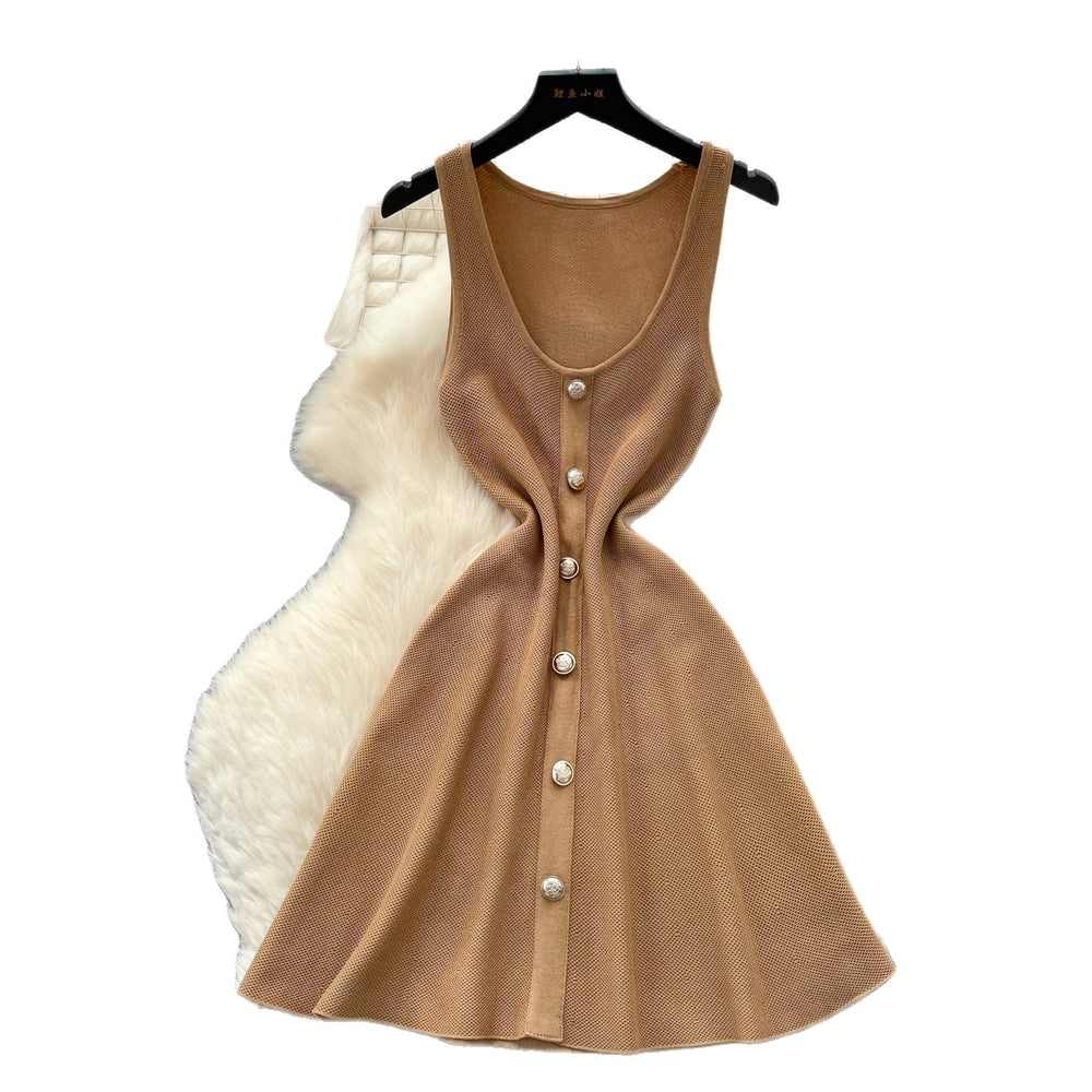 French chic sleeveless knit mini dress - summer a-line, slim fit, metallic buckle, purple, elegant