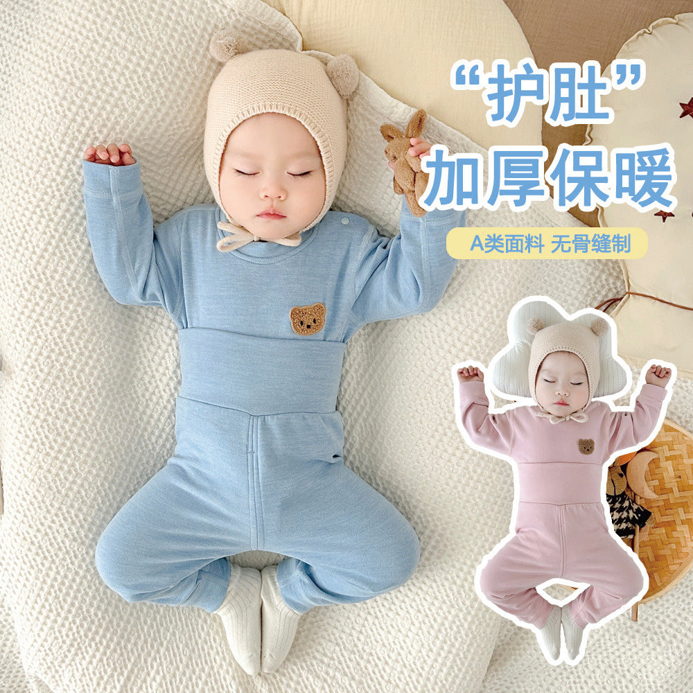 Baby heattechintimatessuitthickened close-fitting baby autumn clothes and long trousershigh waist belly protection pants bottom separates clothes