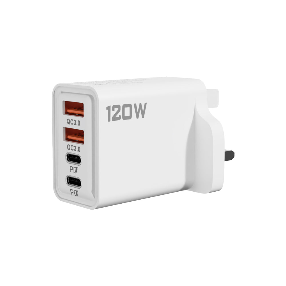 120w super fast charging adapter - dual usb + dual type-c uk plug charger for mobile phones