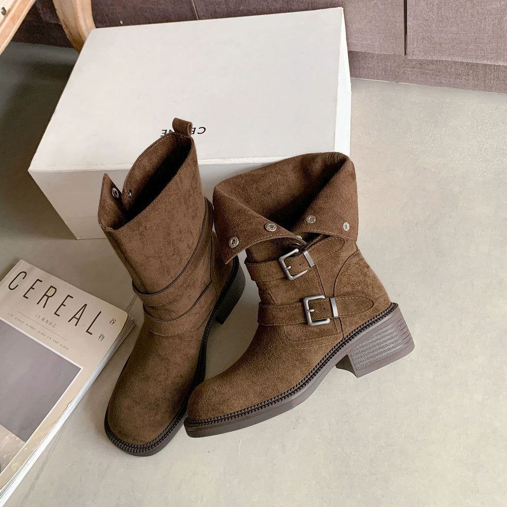 Dui dui boots autumn winter short boots thick heel belt buckle two wear boots women's heightened thick sole pants knight boots