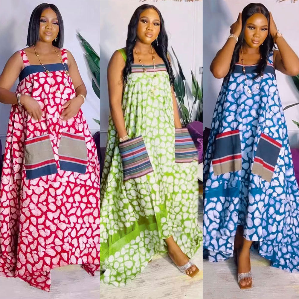 S10825 European and American suspender printing large skirt multi-color dress