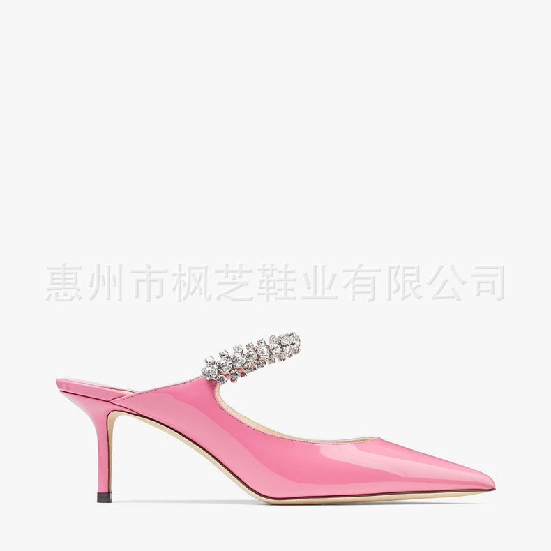 New arrival cross-border fashion one-strap super high-heeled sandals black pointed toe rhinestone high heels shallow mouth stiletto heels