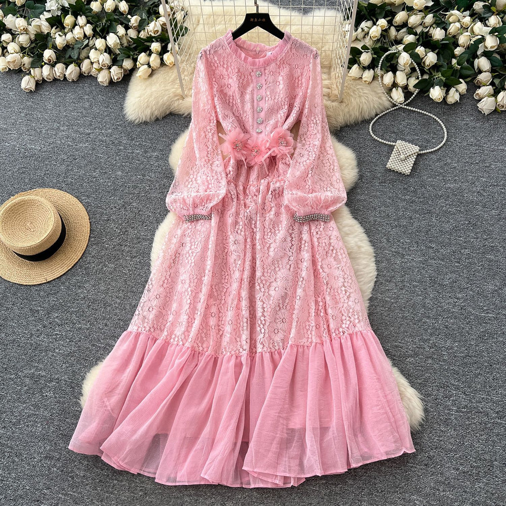 Luxury european and american style high-end puff sleeve dress - women's summer diamond-studded lace mesh patchwork ultra-fairy maxi dress