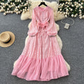 Luxury european and american style high-end puff sleeve dress - women's summer diamond-studded lace mesh patchwork ultra-fairy maxi dress