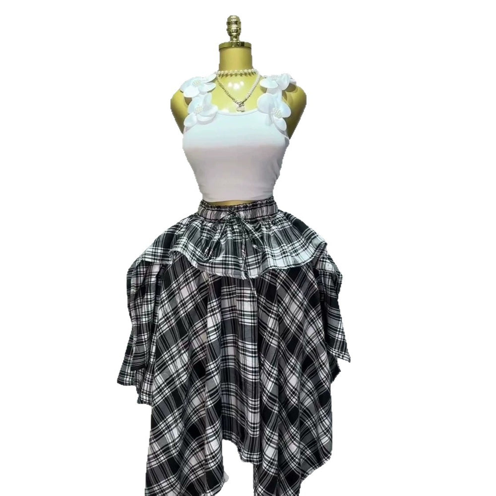 European and american cross-border women's fashion:  summer new arrivals - stylish plaid elastic waist slimming irregular a-line midi skirt